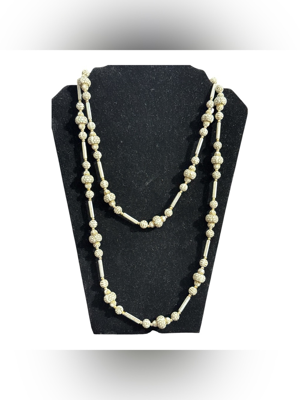 Vintage 48” Cream Gold Floral Beaded Long Necklace Boho Statement EUC
